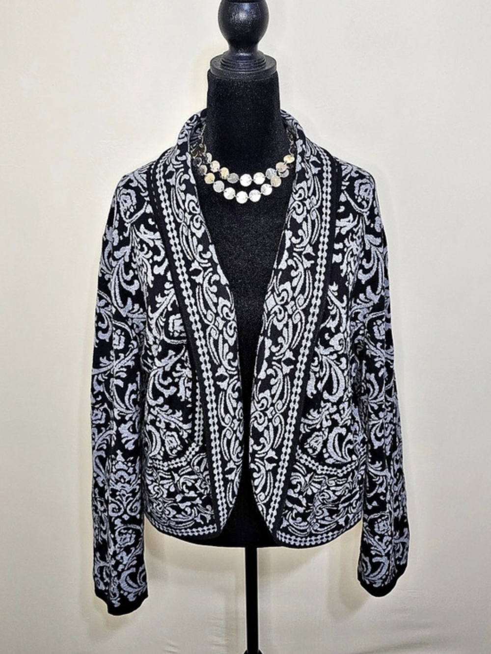 Style & Co. Open Front Knit Cardigan Jacket Damask Floral Black Gray Cotton XL